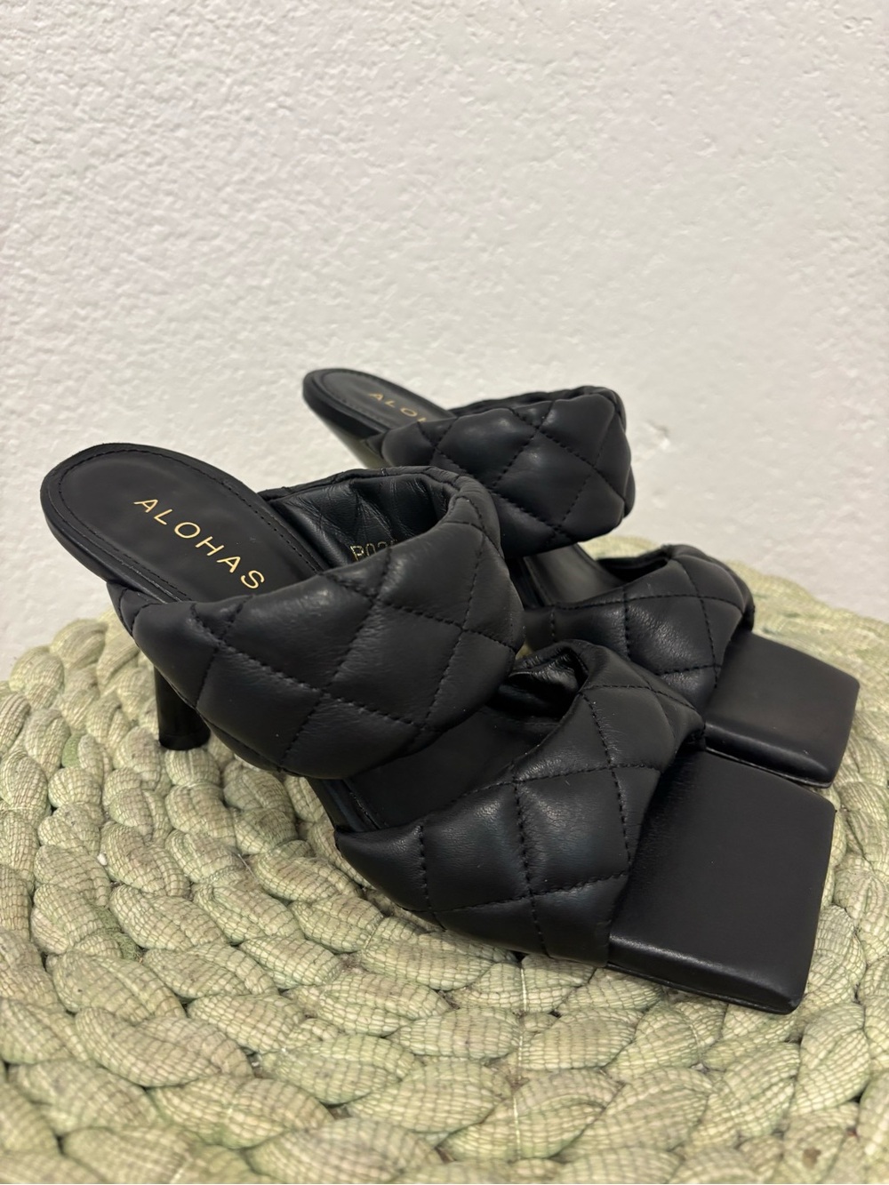 Alohas Conner Braided Quilted Black Leather Heeled Sandals